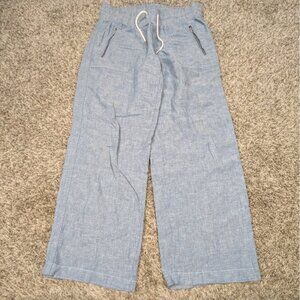 Athleta Cabo Linen Wide Leg Pants Womens 12 Blue Drawstring Boho Beach